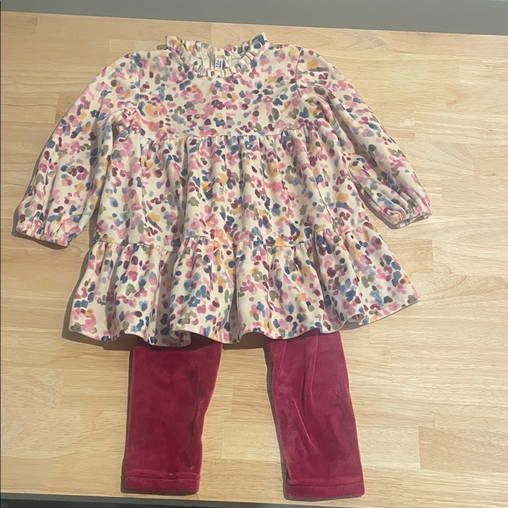 Mayoral Colorful Polka Dot Dress with Pink Velvet Leggings - 12 Months